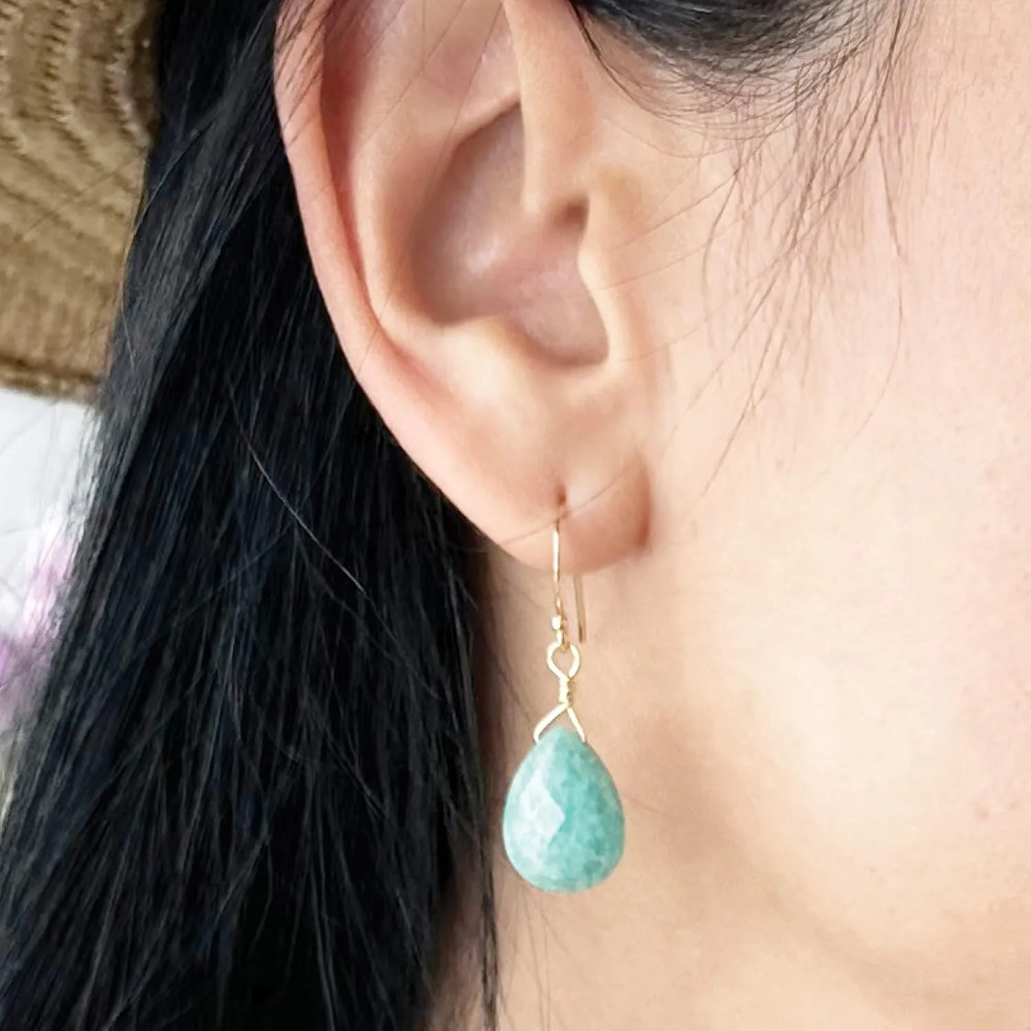 Amazonite Dangle Drops Long Earrings, 18K Gold Plated Silver 925, Genuine Blue Faceted Gemstone, Handmade Jewelry For Women (Amazonite-18K-Gold)