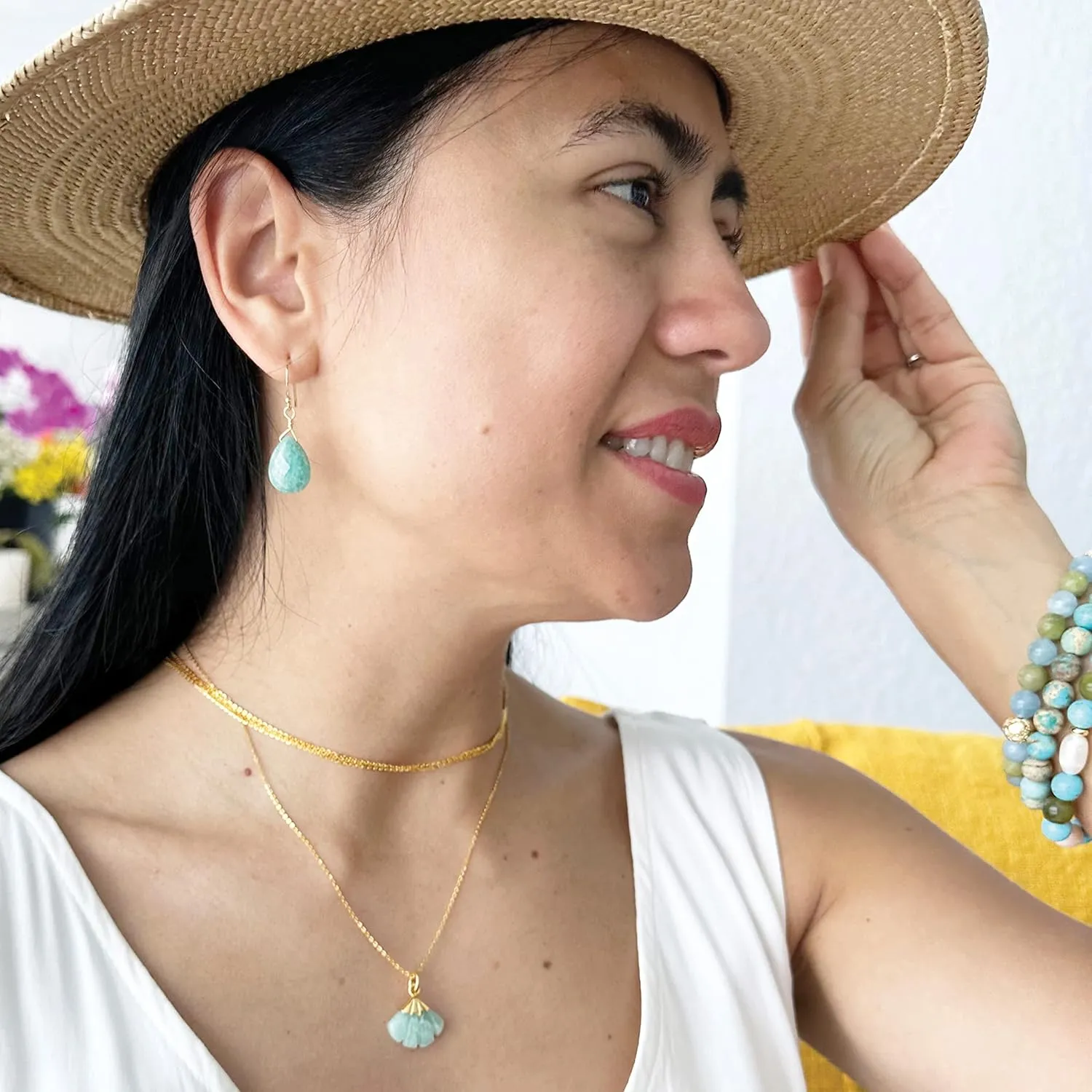Amazonite Dangle Drops Long Earrings, 18K Gold Plated Silver 925, Genuine Blue Faceted Gemstone, Handmade Jewelry For Women (Amazonite-18K-Gold)