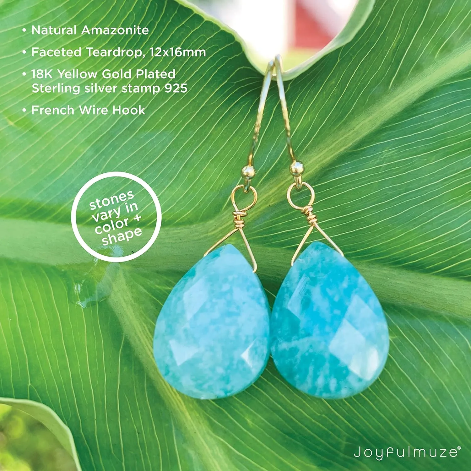 Amazonite Dangle Drops Long Earrings, 18K Gold Plated Silver 925, Genuine Blue Faceted Gemstone, Handmade Jewelry For Women (Amazonite-18K-Gold)