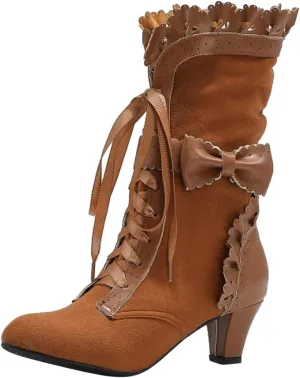 Ankle Boots for Women, Vintage Lace Up Victorian Boots Witch Mid Calf Up Combat Boot With Bow Dress Riding Fall Shoes