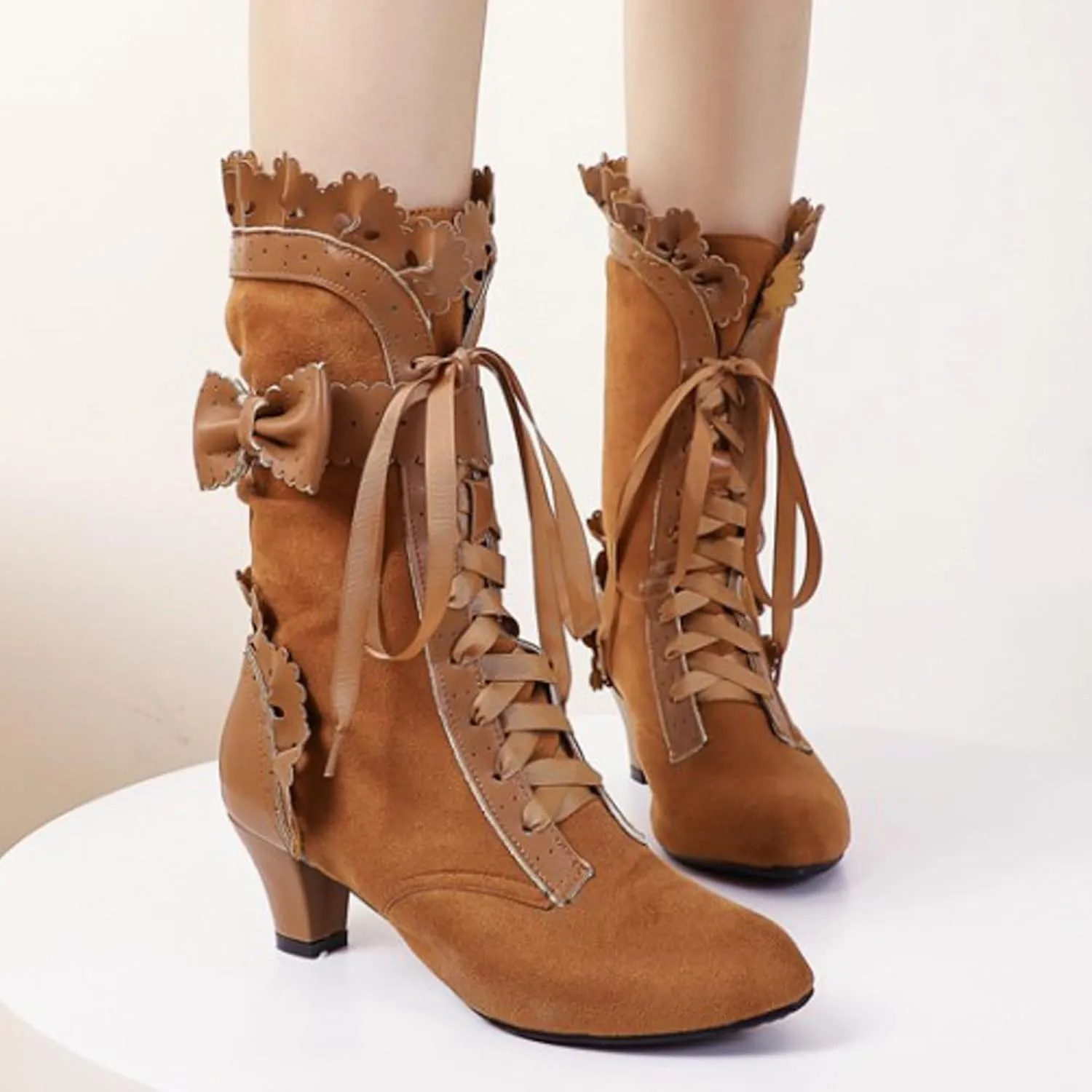 Ankle Boots for Women, Vintage Lace Up Victorian Boots Witch Mid Calf Up Combat Boot With Bow Dress Riding Fall Shoes