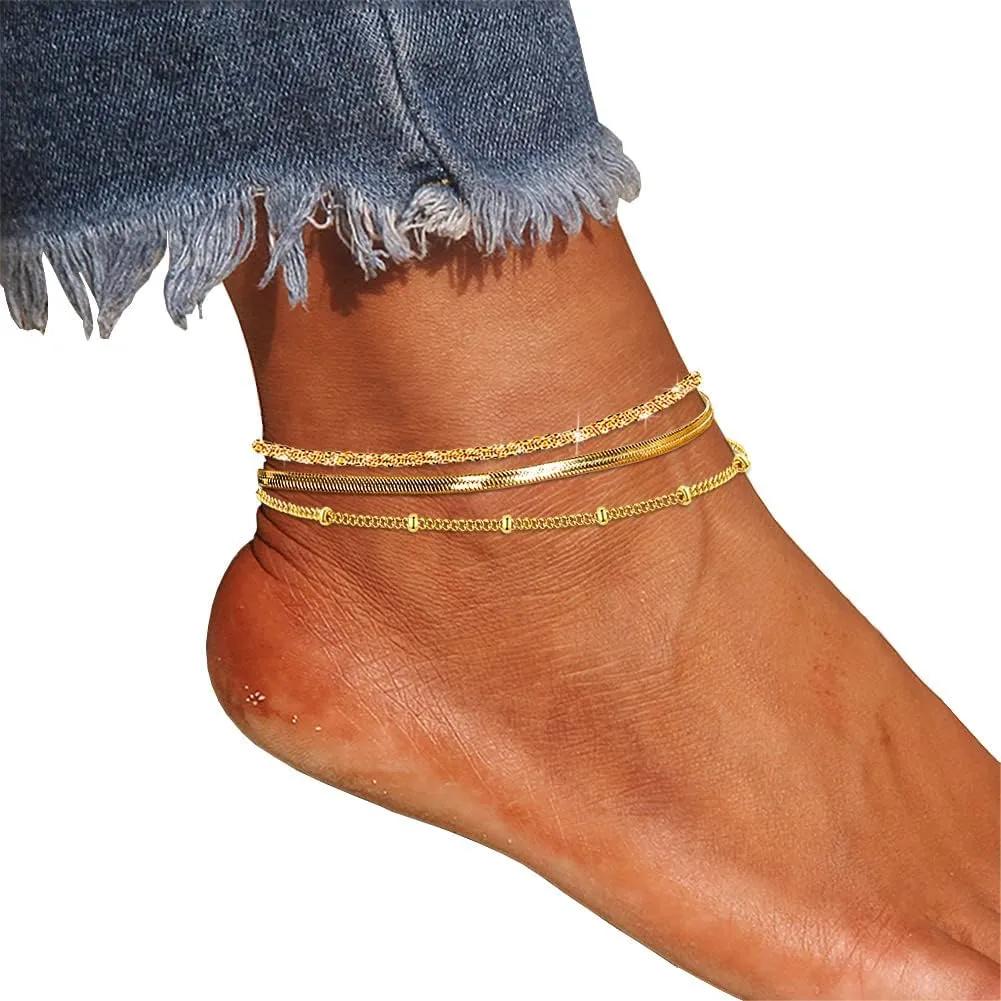 Ankle Bracelets for Women,18K Gold Plated Layered Beads Snake Chain Anklet for Women,Summer Beach Dainty Anklets Foot Jewelry Gift