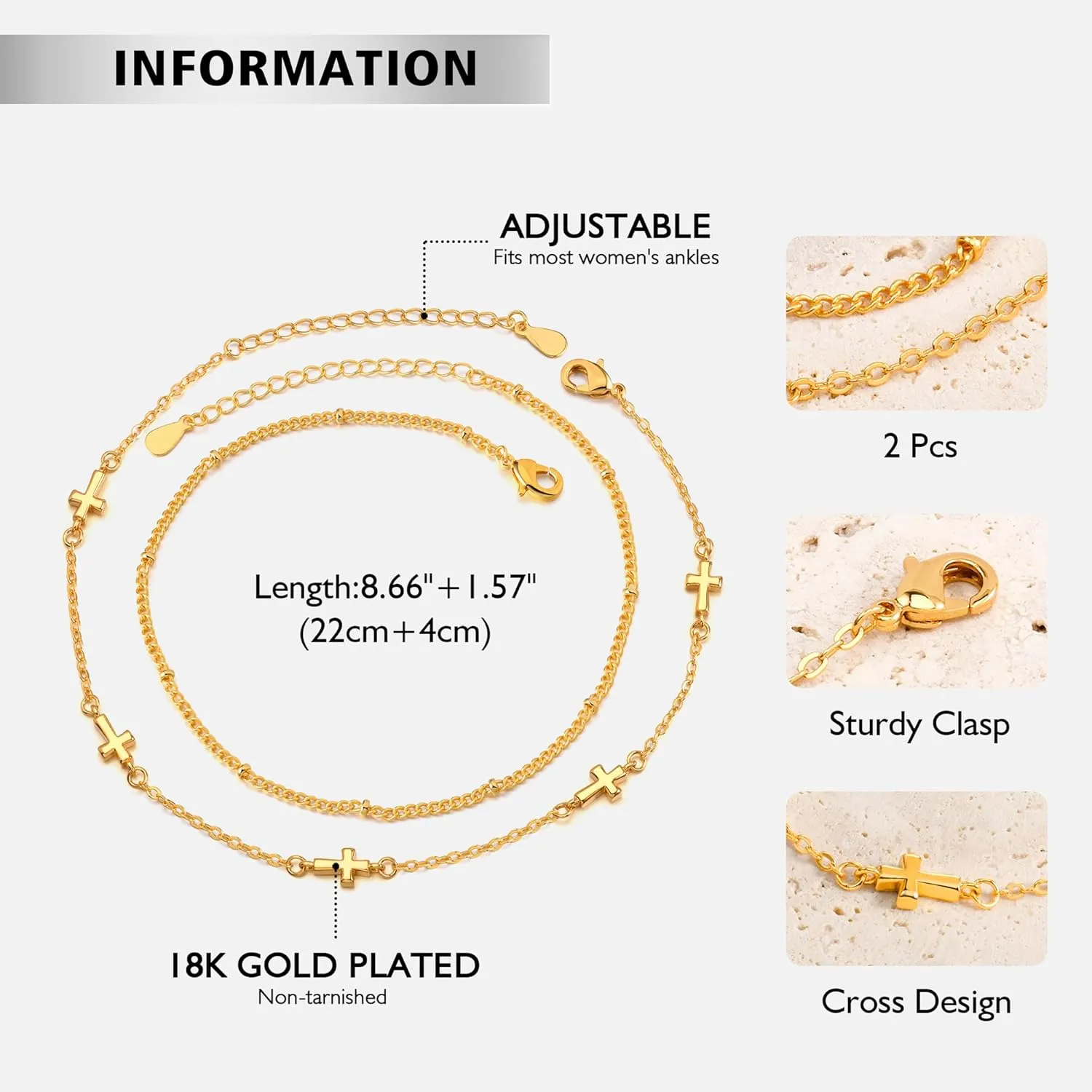 Anklets for Women 18K Gold Silver Plated Ankle Bracelets Waterproof Beaded Chain Dainty Layered Summer Beach Foot Jewelry Adjustable 2Pcs