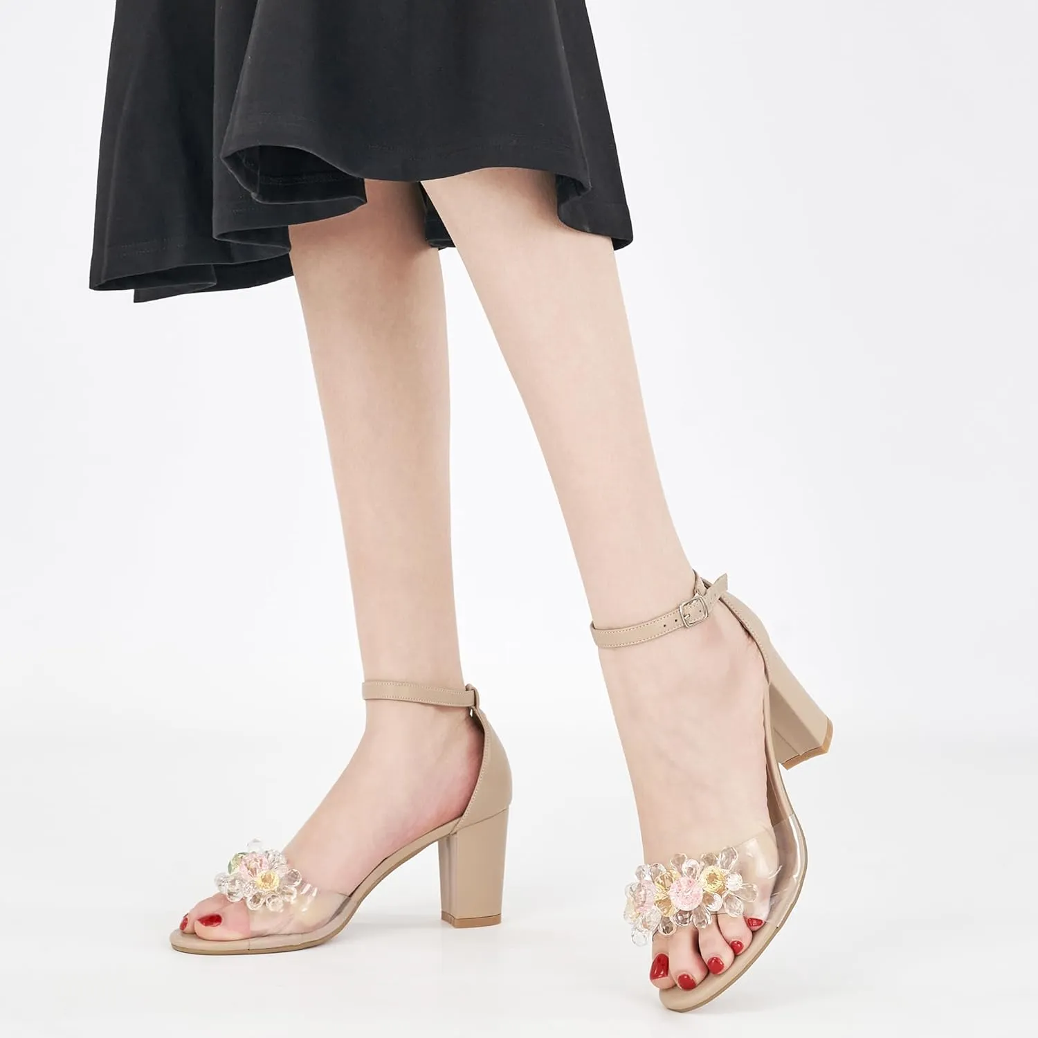 Aomigoct Chunky Heels for Women Wedding: Dressy Comfortable High Heeled Sandals for Fashion Bridal with Crystal Decor