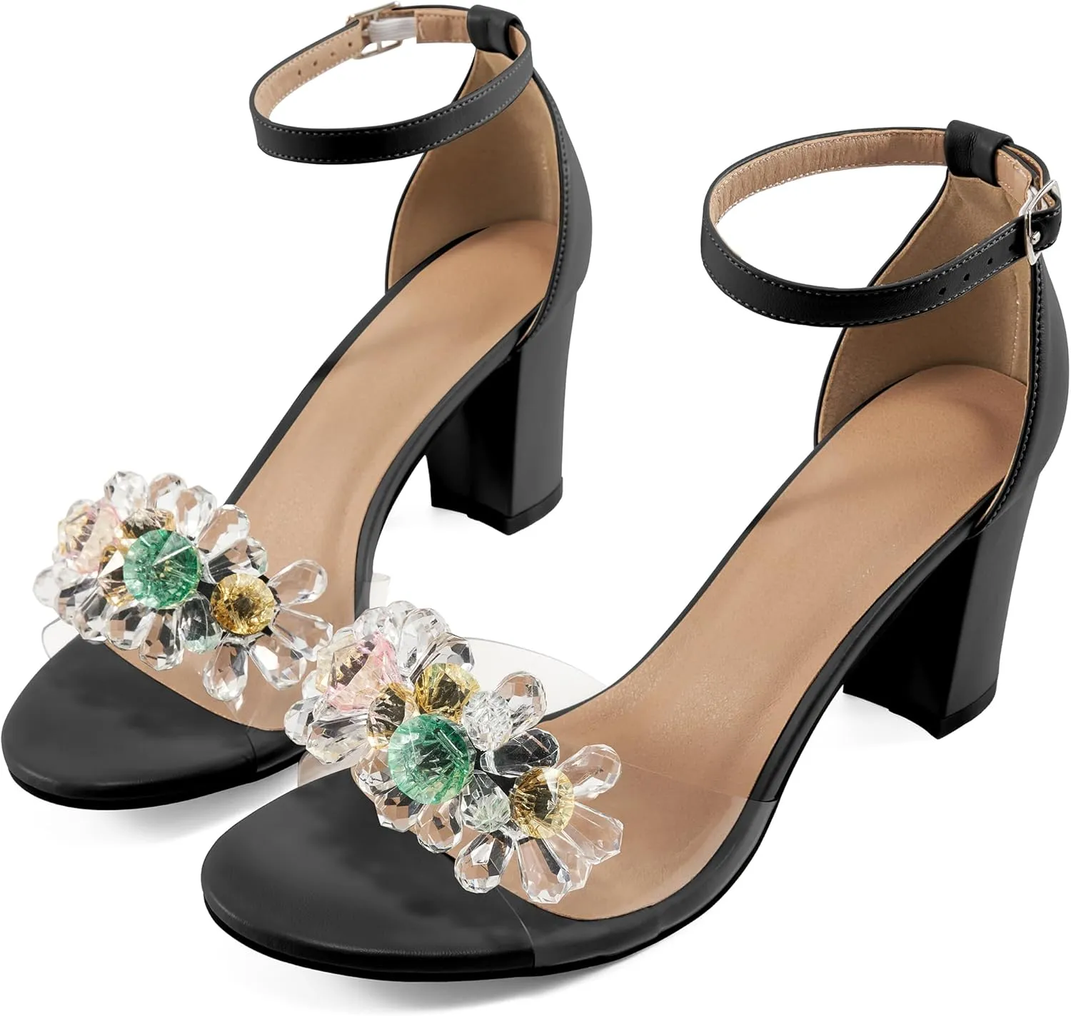 Aomigoct Chunky Heels for Women Wedding: Dressy Comfortable High Heeled Sandals for Fashion Bridal with Crystal Decor