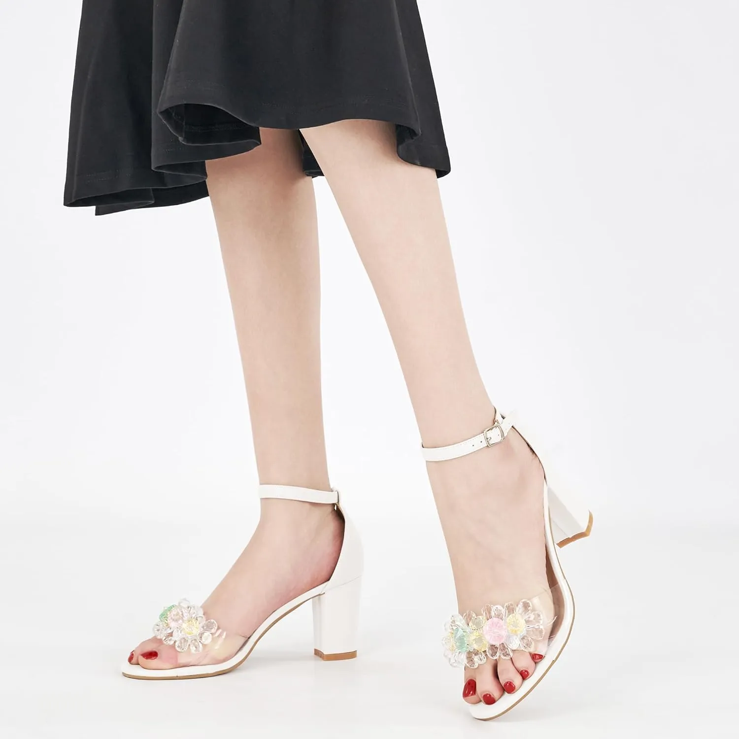 Aomigoct Chunky Heels for Women Wedding: Dressy Comfortable High Heeled Sandals for Fashion Bridal with Crystal Decor