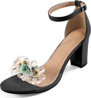 Aomigoct Chunky Heels for Women Wedding: Dressy Comfortable High Heeled Sandals for Fashion Bridal with Crystal Decor