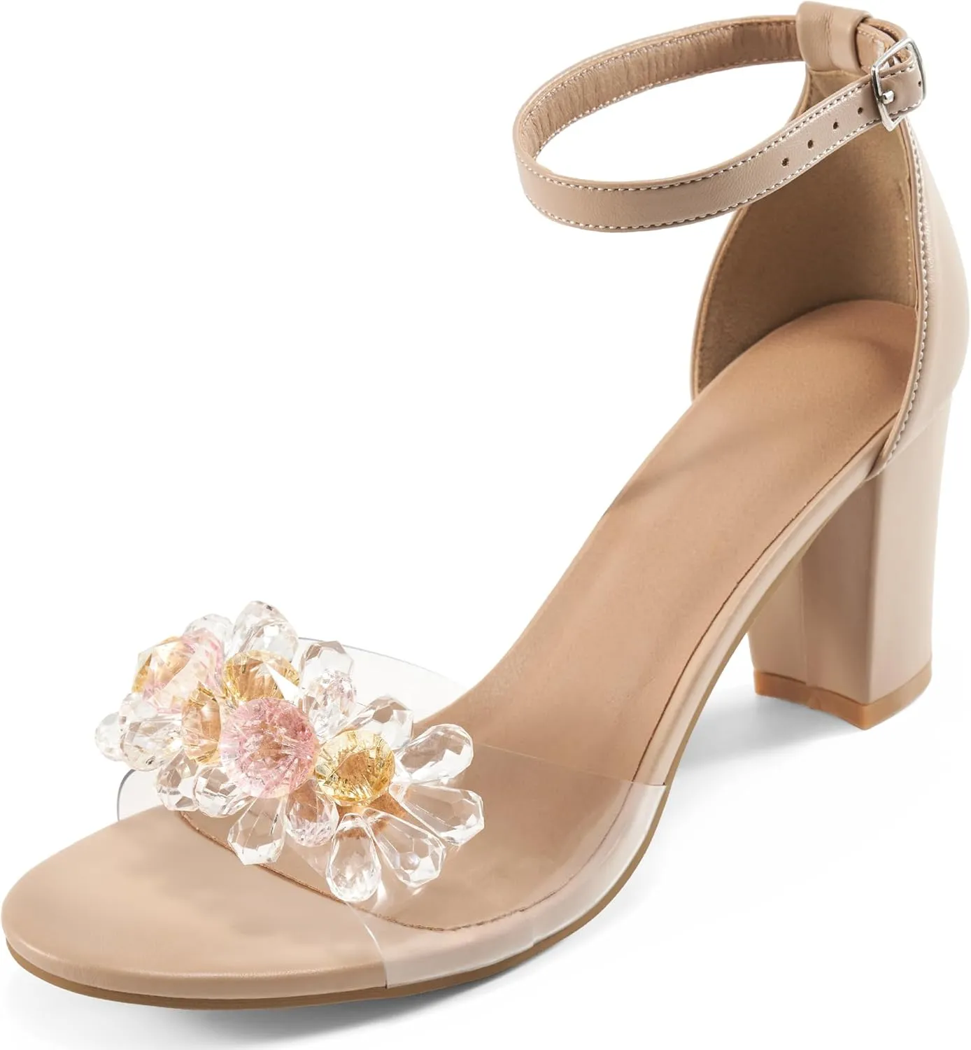 Aomigoct Chunky Heels for Women Wedding: Dressy Comfortable High Heeled Sandals for Fashion Bridal with Crystal Decor