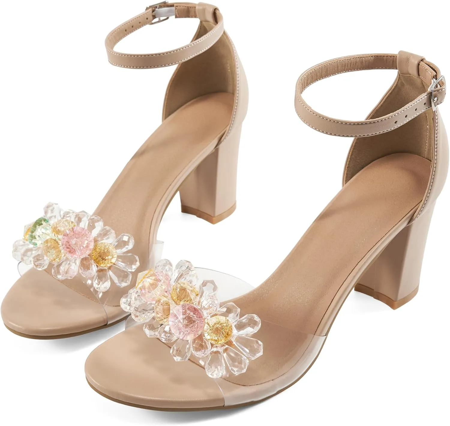 Aomigoct Chunky Heels for Women Wedding: Dressy Comfortable High Heeled Sandals for Fashion Bridal with Crystal Decor