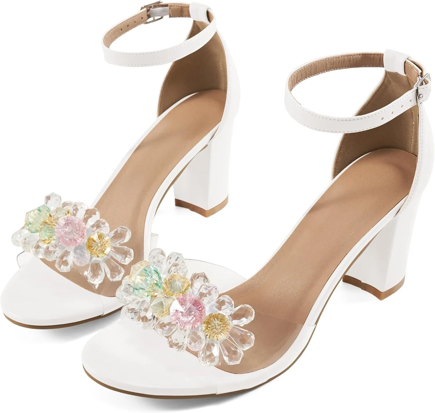 Aomigoct Chunky Heels for Women Wedding: Dressy Comfortable High Heeled Sandals for Fashion Bridal with Crystal Decor