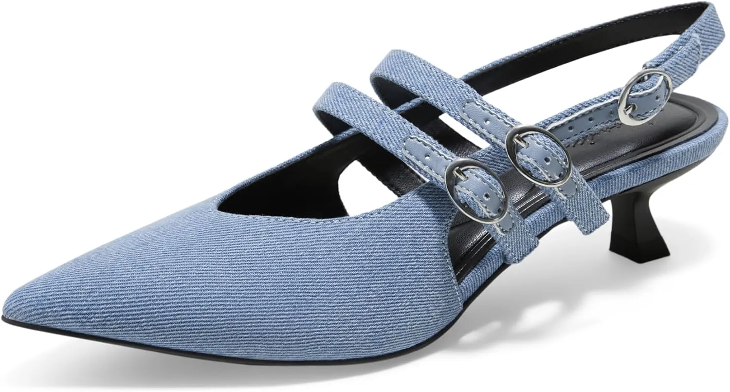 Arromic Women's Kitten Heels Two-Strap Mary Jane Slingback Pointed Toe Pumps Low Heel Ankle Strap Dress Shoes for Work, Wedding, and Formal Occasions