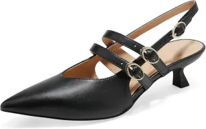 Arromic Women's Kitten Heels Two-Strap Mary Jane Slingback Pointed Toe Pumps Low Heel Ankle Strap Dress Shoes for Work, Wedding, and Formal Occasions