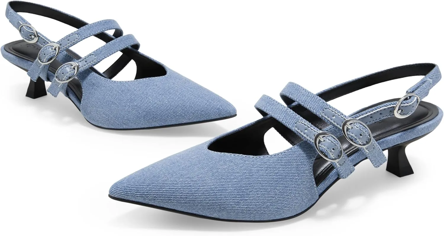 Arromic Women's Kitten Heels Two-Strap Mary Jane Slingback Pointed Toe Pumps Low Heel Ankle Strap Dress Shoes for Work, Wedding, and Formal Occasions