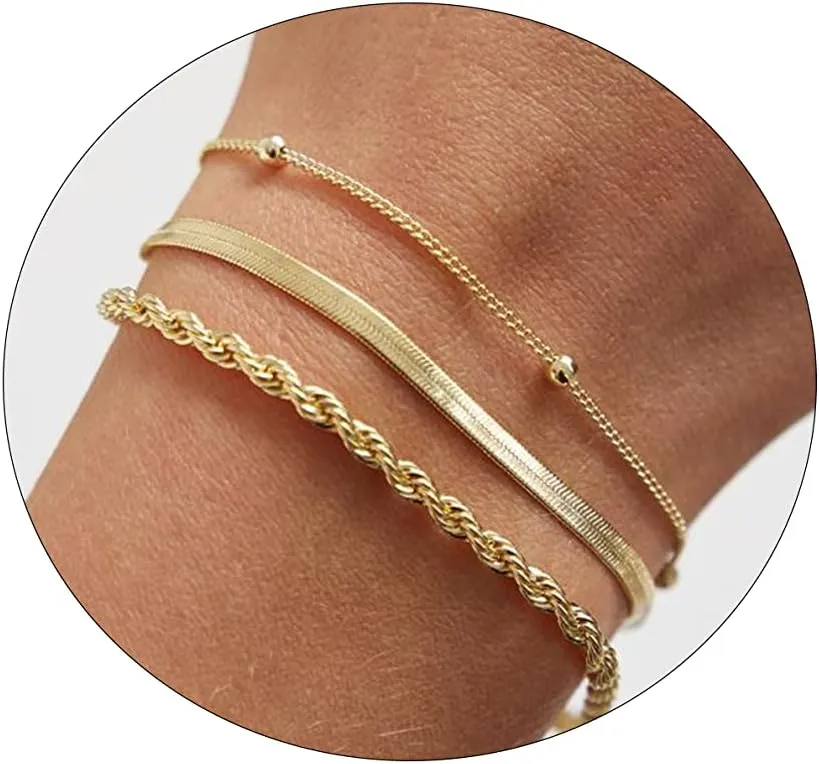 ASCOMY Bracelet for Women Gold Bracelets for Girls Dainty Paperclip Herringbone Bracelet Layered Rope Chain Bracelet Set