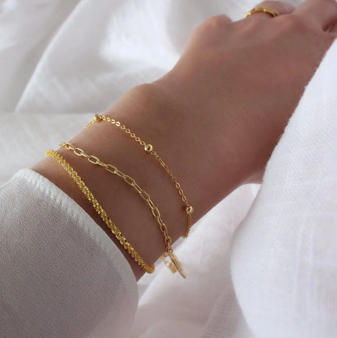 ASCOMY Bracelet for Women Gold Bracelets for Girls Dainty Paperclip Herringbone Bracelet Layered Rope Chain Bracelet Set