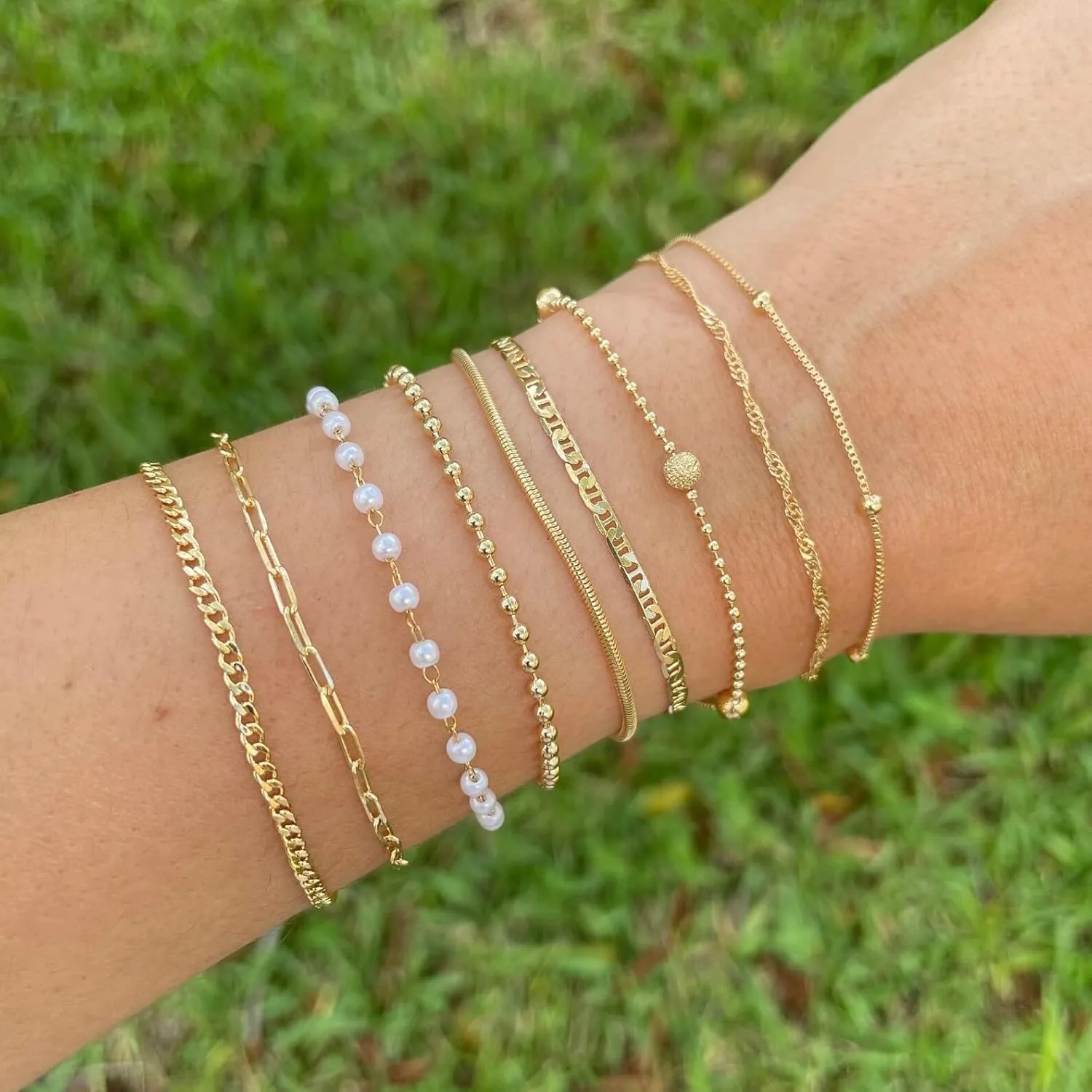ASCOMY Bracelets for Women Gold Bracelet Sets for Women 14K Gold Plated Dainty Link Chain Bracelets Herringbone Paperclip Cuba Rope Beads Layered Bracelet Set Anklet Bracelets Jewelry for Women