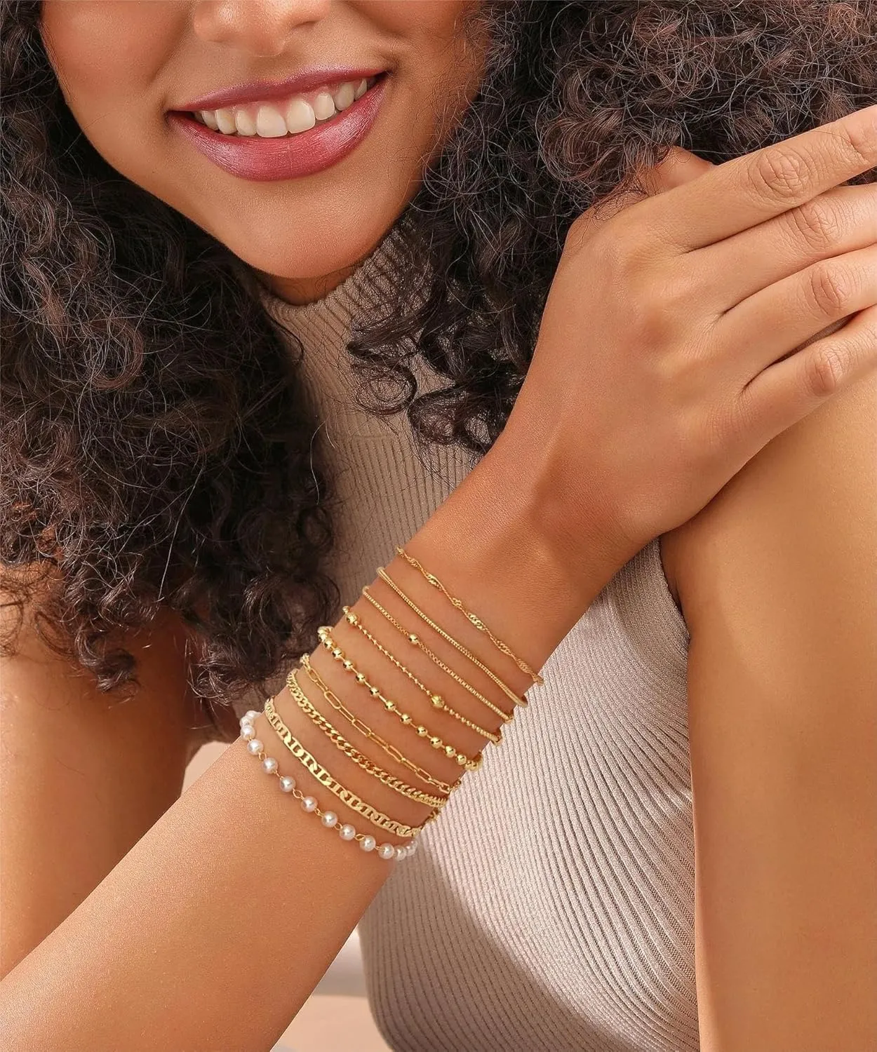 ASCOMY Bracelets for Women Gold Bracelet Sets for Women 14K Gold Plated Dainty Link Chain Bracelets Herringbone Paperclip Cuba Rope Beads Layered Bracelet Set Anklet Bracelets Jewelry for Women