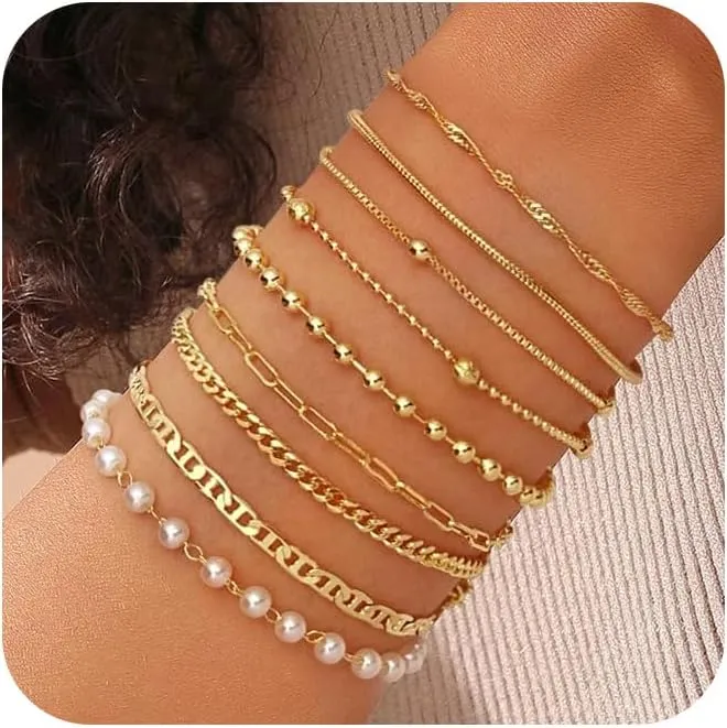 ASCOMY Bracelets for Women Gold Bracelet Sets for Women 14K Gold Plated Dainty Link Chain Bracelets Herringbone Paperclip Cuba Rope Beads Layered Bracelet Set Anklet Bracelets Jewelry for Women