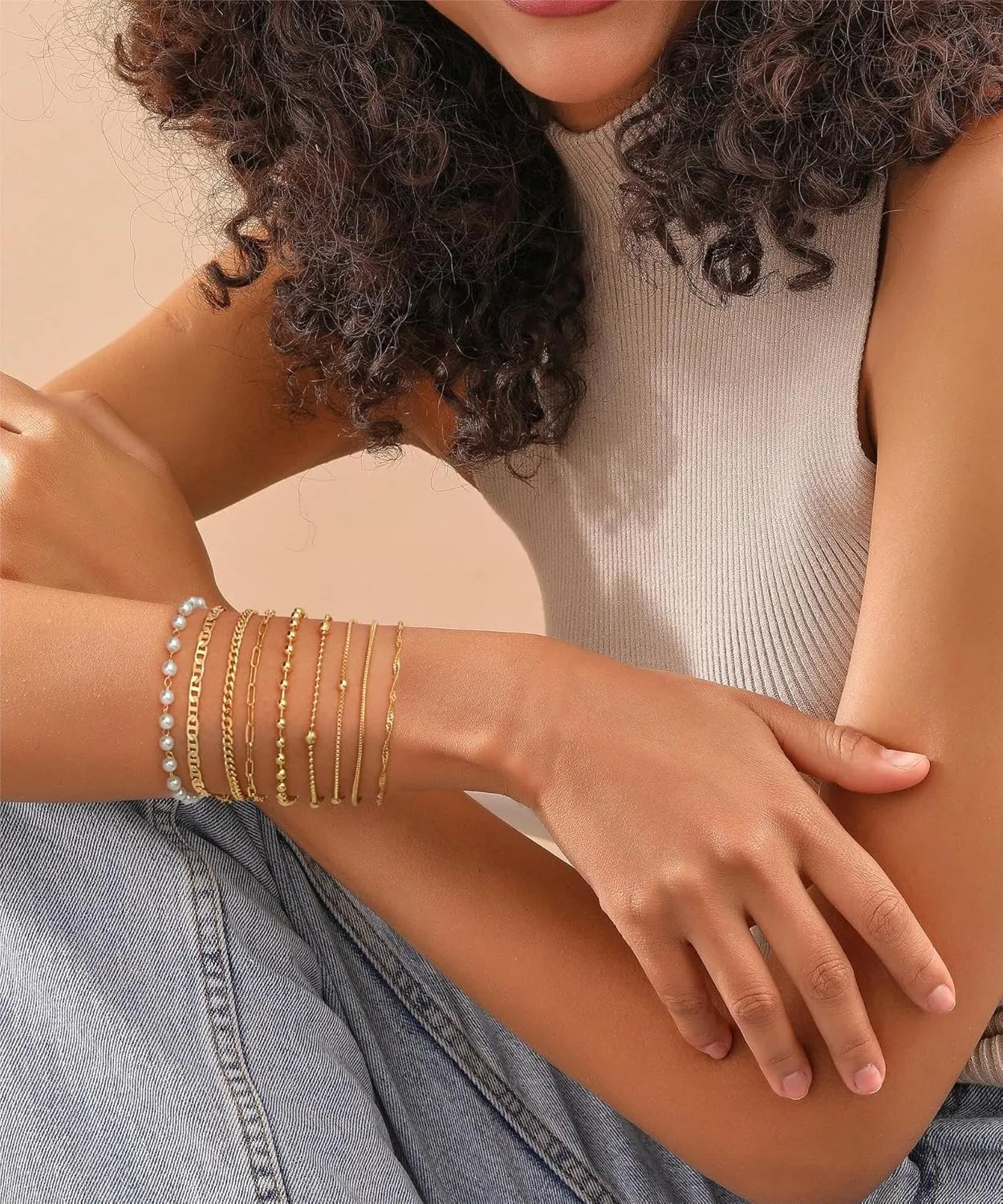 ASCOMY Bracelets for Women Gold Bracelet Sets for Women 14K Gold Plated Dainty Link Chain Bracelets Herringbone Paperclip Cuba Rope Beads Layered Bracelet Set Anklet Bracelets Jewelry for Women
