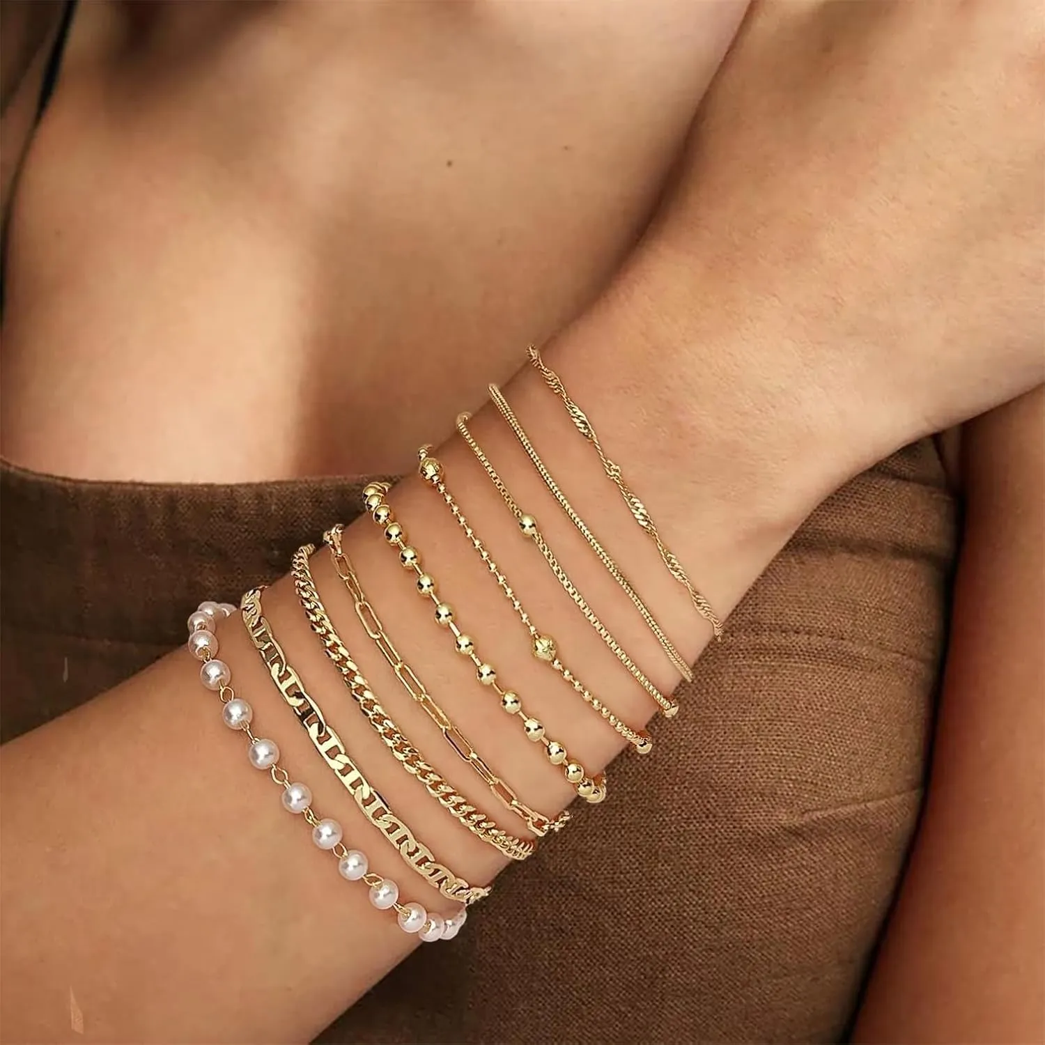 ASCOMY Bracelets for Women Gold Bracelet Sets for Women 14K Gold Plated Dainty Link Chain Bracelets Herringbone Paperclip Cuba Rope Beads Layered Bracelet Set Anklet Bracelets Jewelry for Women