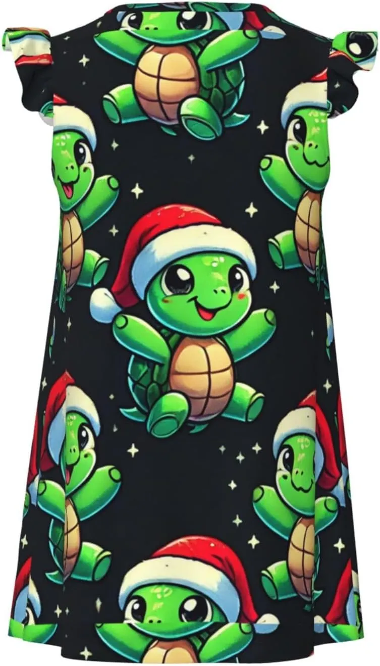 Augenstern Flutter Sleeve Nightgown Pajama Gown Cute-Turtles-Santa-Hats Easy Pull-On Sleepwear Nightdress