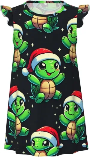 Augenstern Flutter Sleeve Nightgown Pajama Gown Cute-Turtles-Santa-Hats Easy Pull-On Sleepwear Nightdress