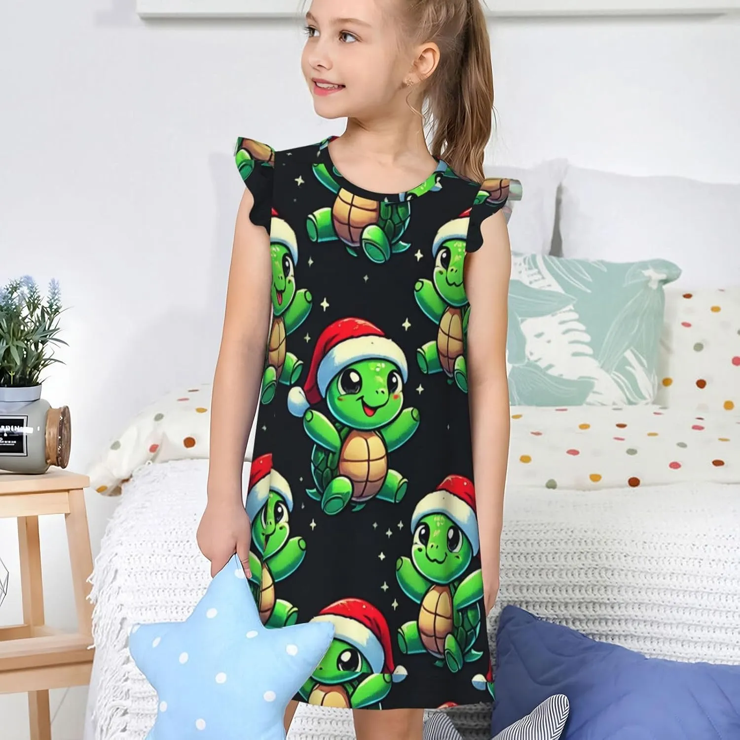 Augenstern Flutter Sleeve Nightgown Pajama Gown Cute-Turtles-Santa-Hats Easy Pull-On Sleepwear Nightdress