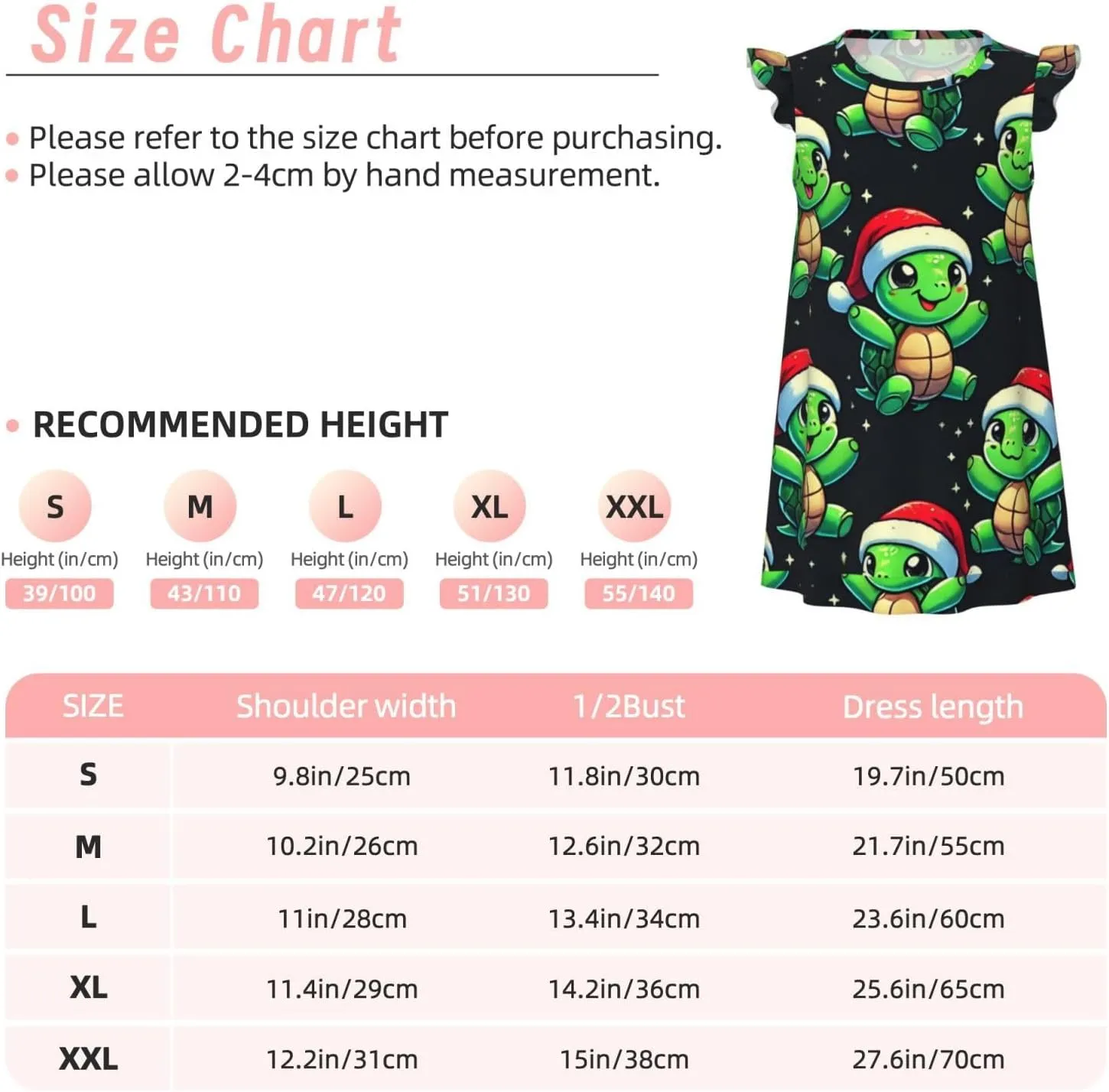 Augenstern Flutter Sleeve Nightgown Pajama Gown Cute-Turtles-Santa-Hats Easy Pull-On Sleepwear Nightdress