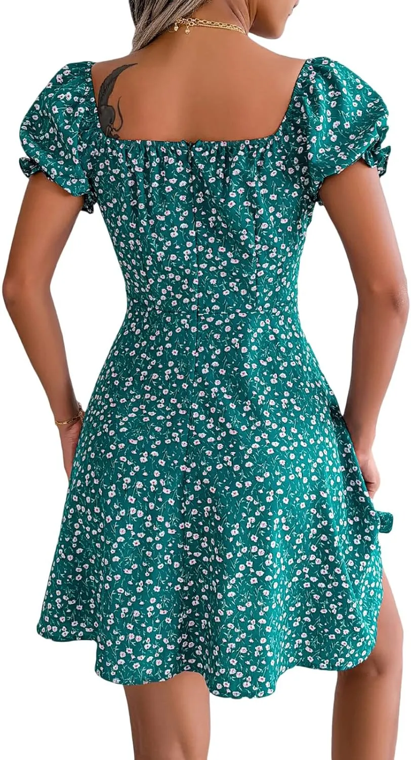 Awoscut Women's Boho Summer Short Sleeve Mini Dress Floral Print Bohemian Dress Party Holiday Beach Sundresses