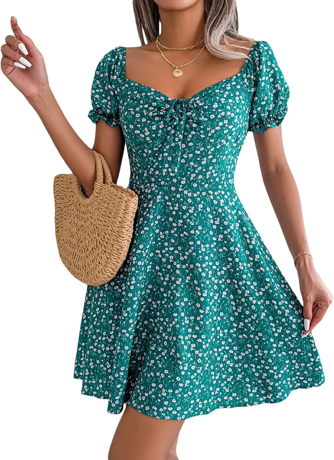 Awoscut Women's Boho Summer Short Sleeve Mini Dress Floral Print Bohemian Dress Party Holiday Beach Sundresses