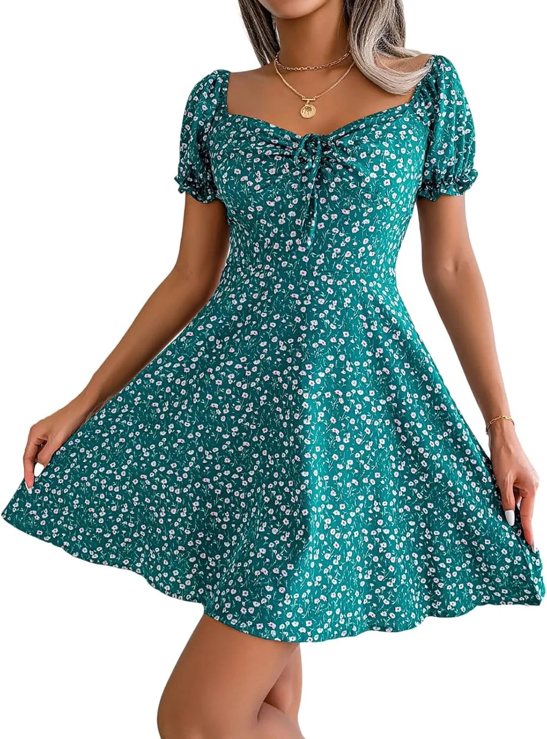 Awoscut Women's Boho Summer Short Sleeve Mini Dress Floral Print Bohemian Dress Party Holiday Beach Sundresses