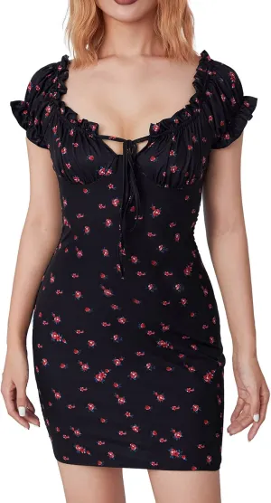 Awoscut Women's Boho Summer Short Sleeve Mini Dress Floral Print Bohemian Dress Party Holiday Beach Sundresses