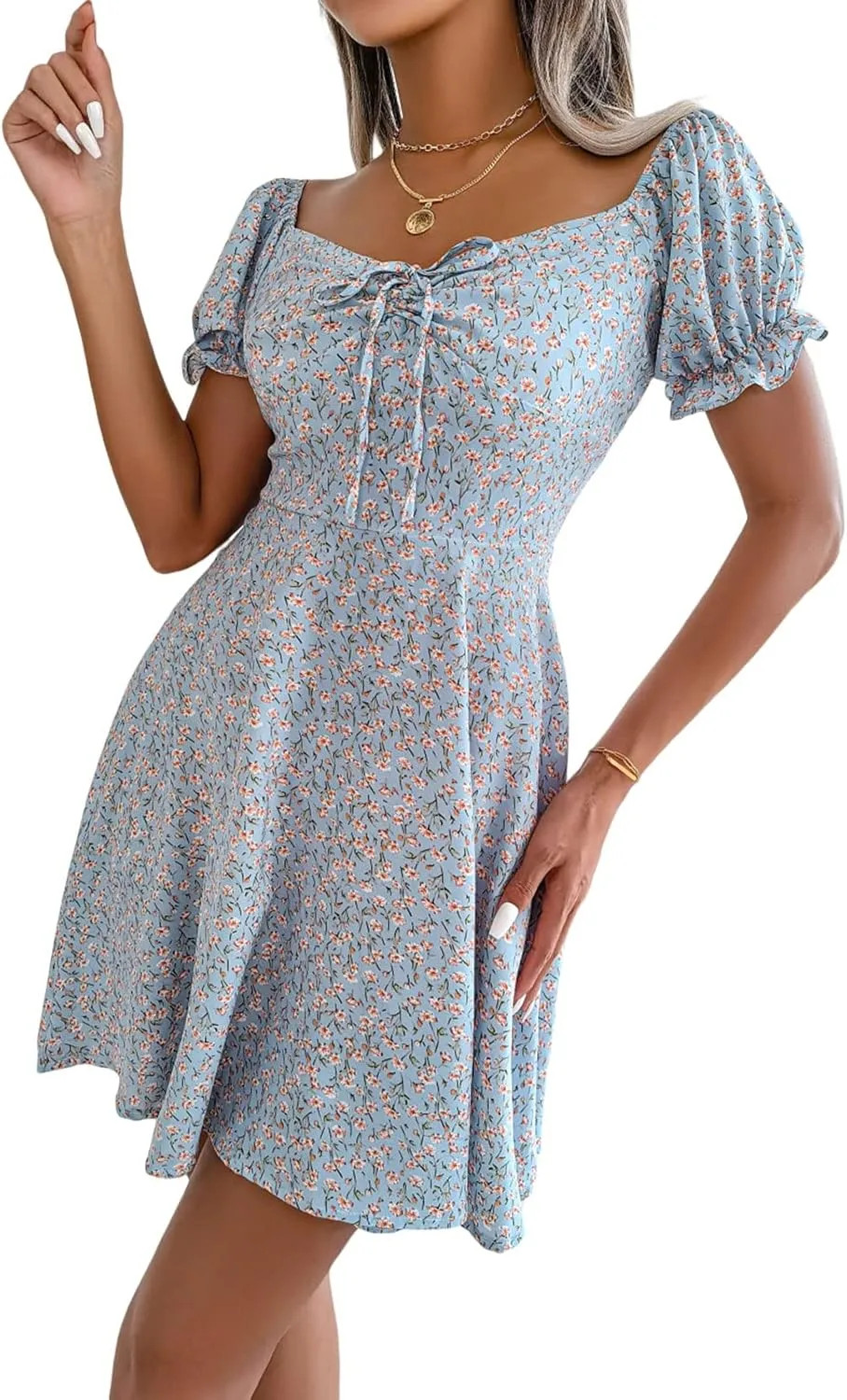 Awoscut Women's Boho Summer Short Sleeve Mini Dress Floral Print Bohemian Dress Party Holiday Beach Sundresses