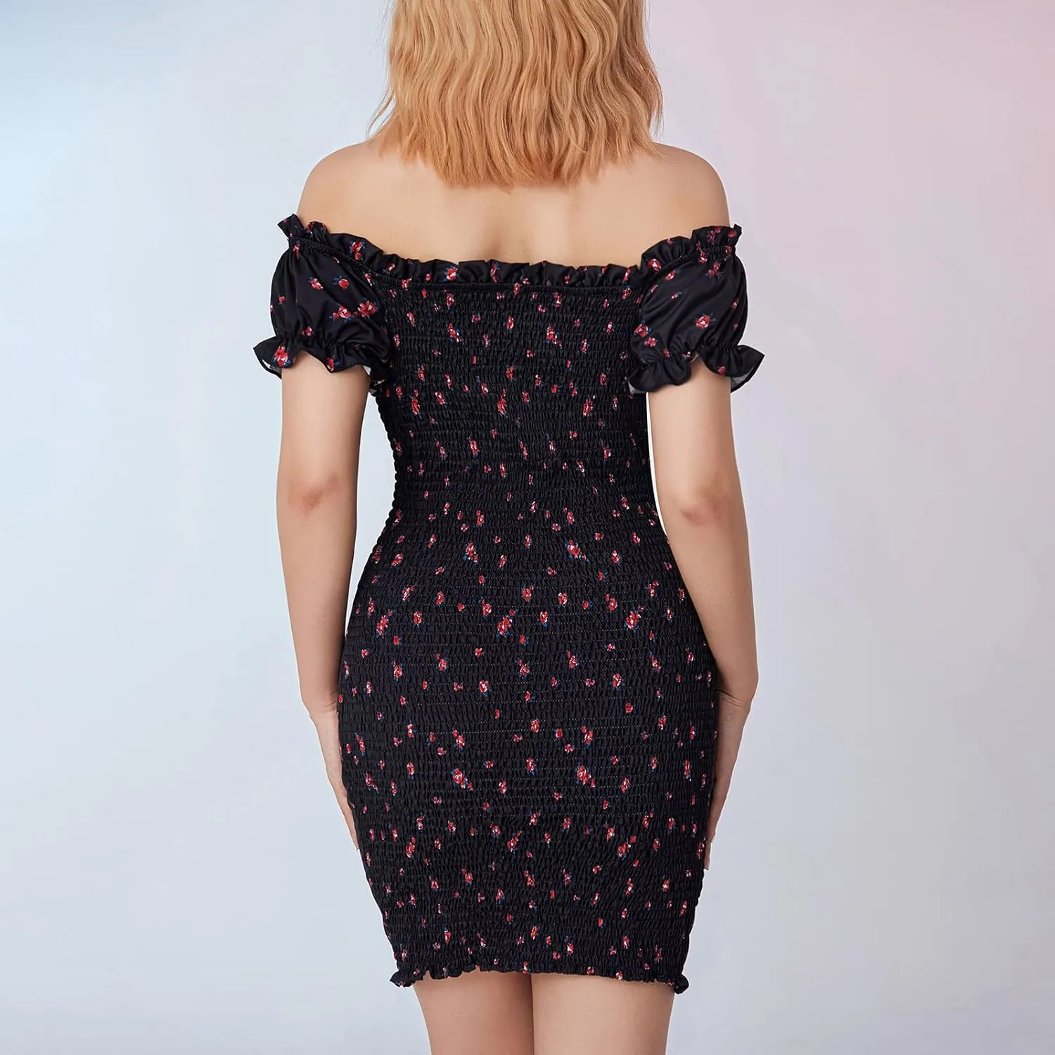 Awoscut Women's Boho Summer Short Sleeve Mini Dress Floral Print Bohemian Dress Party Holiday Beach Sundresses
