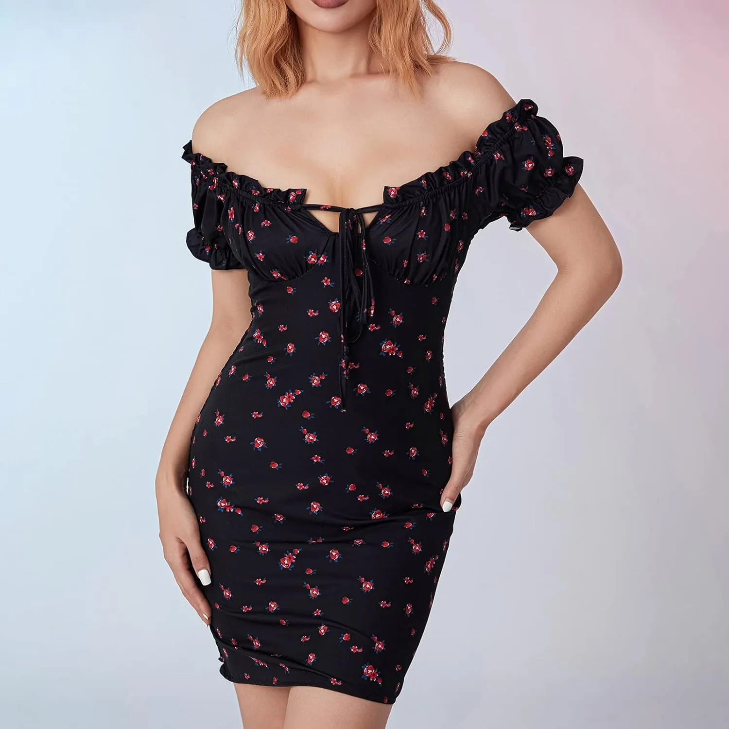 Awoscut Women's Boho Summer Short Sleeve Mini Dress Floral Print Bohemian Dress Party Holiday Beach Sundresses