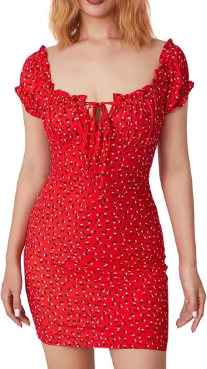 Awoscut Women's Boho Summer Short Sleeve Mini Dress Floral Print Bohemian Dress Party Holiday Beach Sundresses