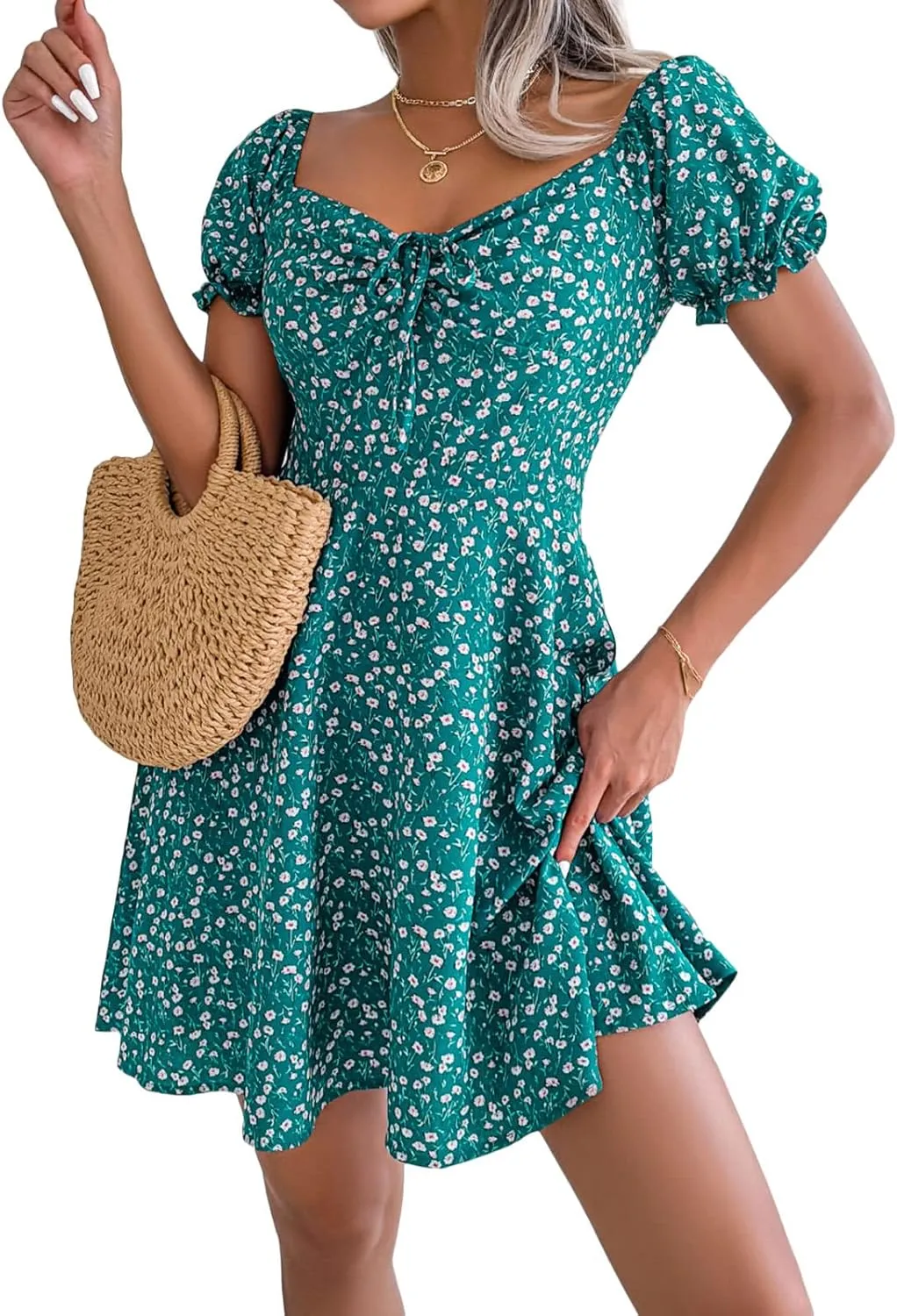 Awoscut Women's Boho Summer Short Sleeve Mini Dress Floral Print Bohemian Dress Party Holiday Beach Sundresses