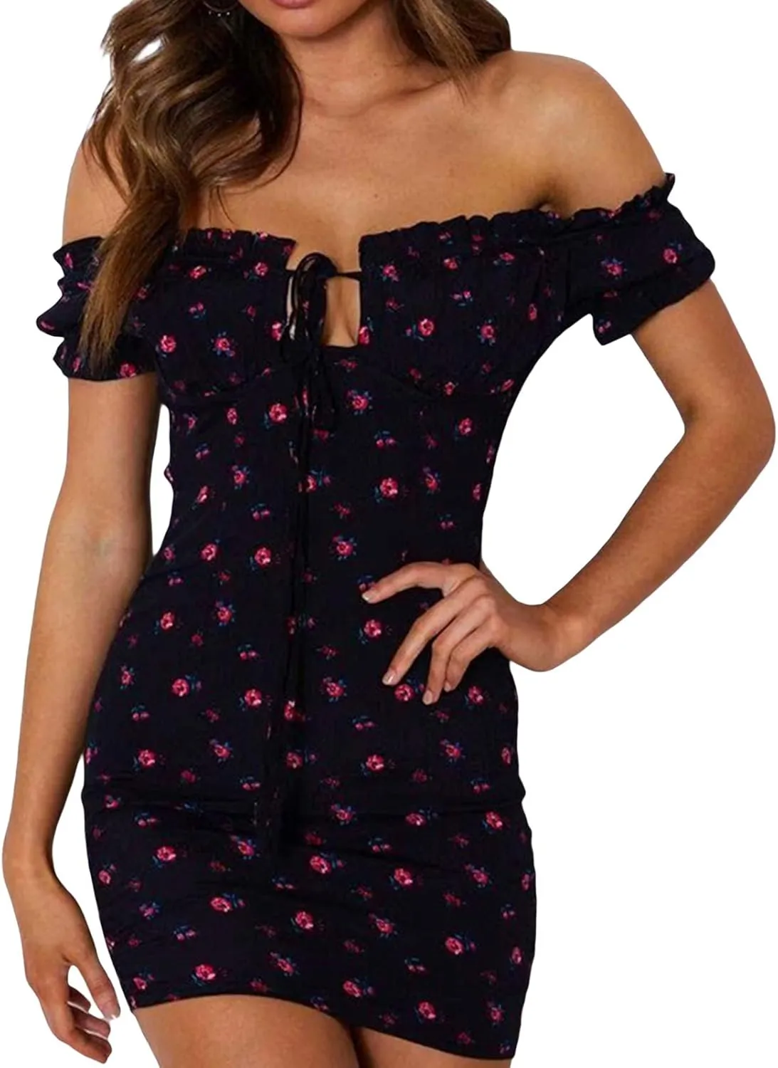 Awoscut Women's Boho Summer Short Sleeve Mini Dress Floral Print Bohemian Dress Party Holiday Beach Sundresses