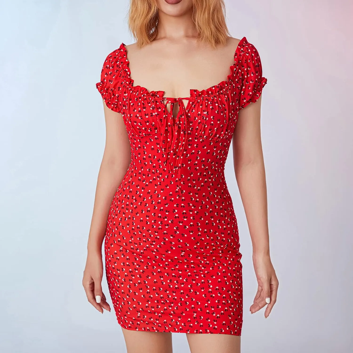 Awoscut Women's Boho Summer Short Sleeve Mini Dress Floral Print Bohemian Dress Party Holiday Beach Sundresses