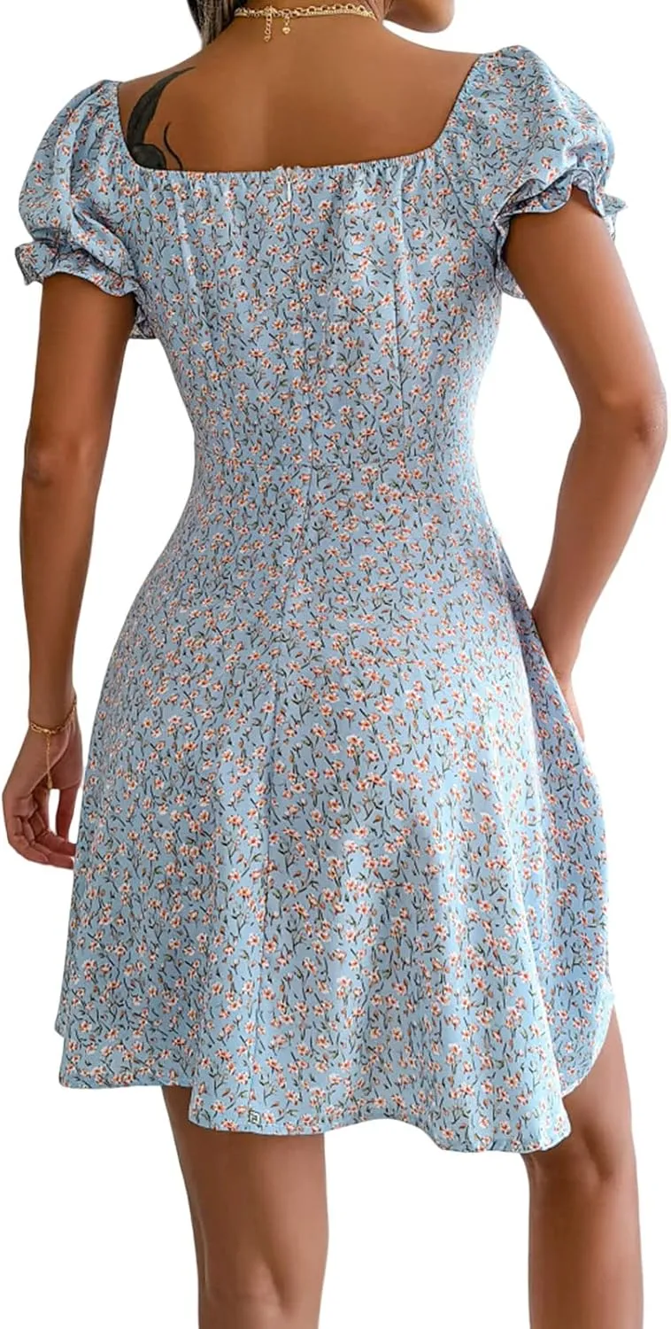 Awoscut Women's Boho Summer Short Sleeve Mini Dress Floral Print Bohemian Dress Party Holiday Beach Sundresses