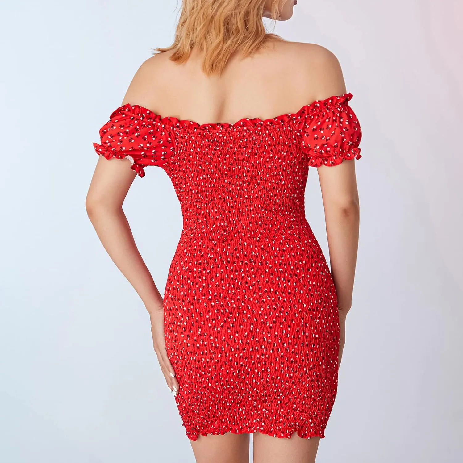 Awoscut Women's Boho Summer Short Sleeve Mini Dress Floral Print Bohemian Dress Party Holiday Beach Sundresses