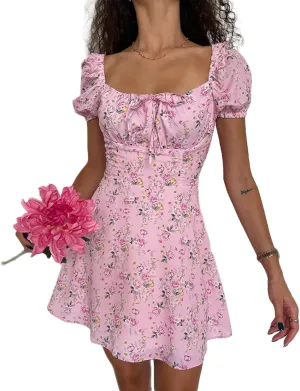 Awoscut Women's Boho Summer Short Sleeve Mini Dress Floral Print Bohemian Dress Party Holiday Beach Sundresses