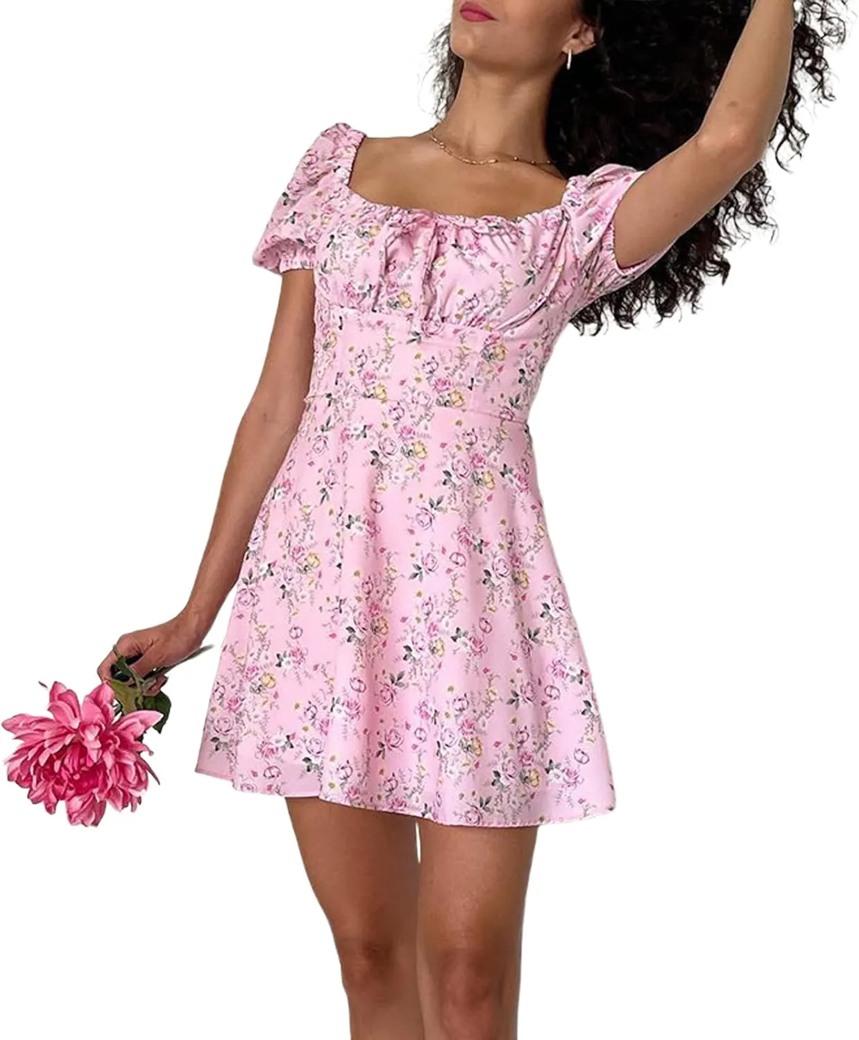 Awoscut Women's Boho Summer Short Sleeve Mini Dress Floral Print Bohemian Dress Party Holiday Beach Sundresses