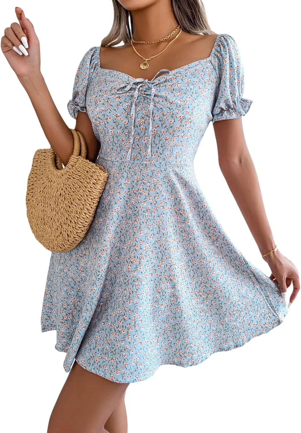 Awoscut Women's Boho Summer Short Sleeve Mini Dress Floral Print Bohemian Dress Party Holiday Beach Sundresses