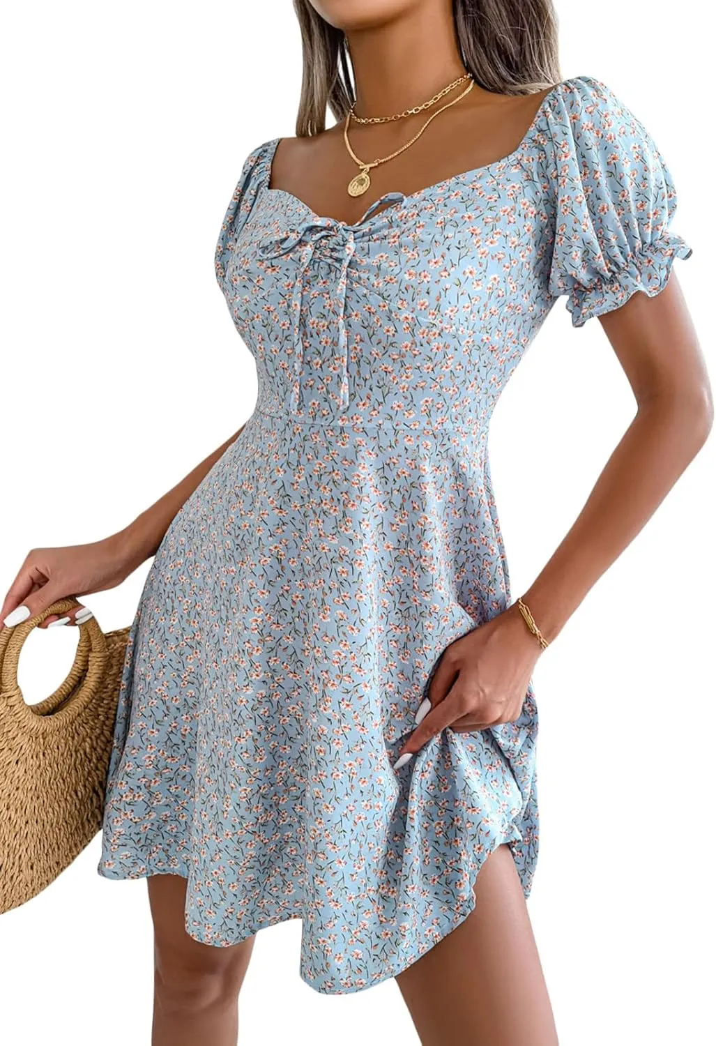 Awoscut Women's Boho Summer Short Sleeve Mini Dress Floral Print Bohemian Dress Party Holiday Beach Sundresses