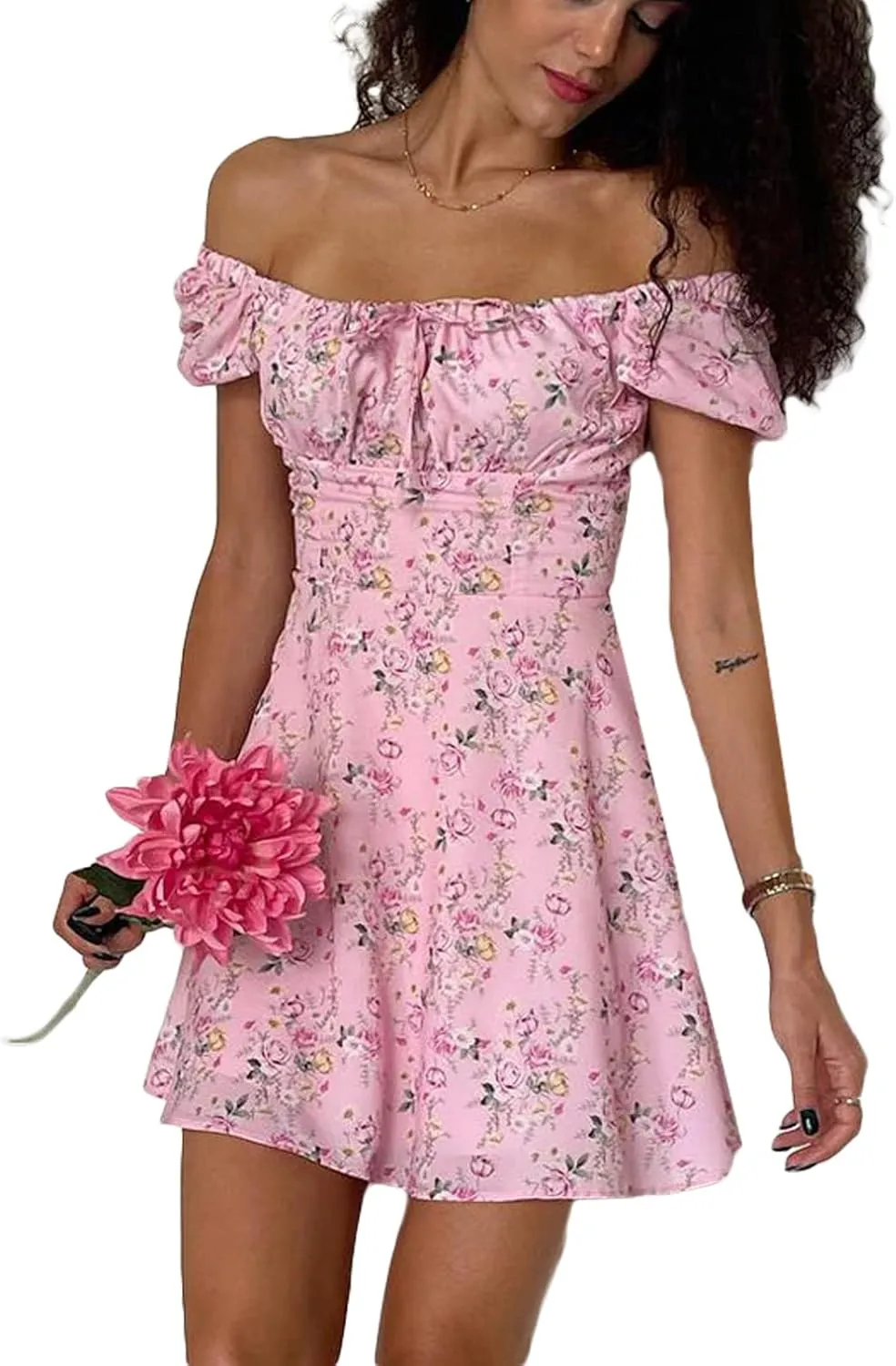 Awoscut Women's Boho Summer Short Sleeve Mini Dress Floral Print Bohemian Dress Party Holiday Beach Sundresses
