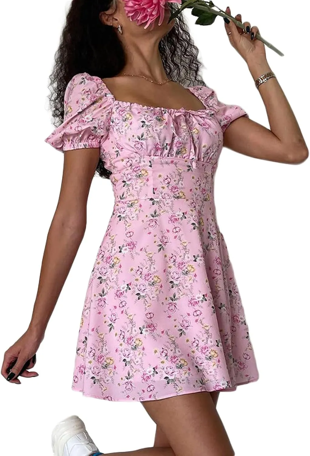 Awoscut Women's Boho Summer Short Sleeve Mini Dress Floral Print Bohemian Dress Party Holiday Beach Sundresses