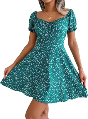 Awoscut Women's Boho Summer Short Sleeve Mini Dress Floral Print Bohemian Dress Party Holiday Beach Sundresses