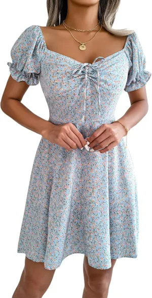 Awoscut Women's Boho Summer Short Sleeve Mini Dress Floral Print Bohemian Dress Party Holiday Beach Sundresses