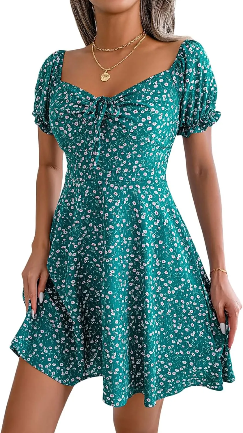 Awoscut Women's Boho Summer Short Sleeve Mini Dress Floral Print Bohemian Dress Party Holiday Beach Sundresses
